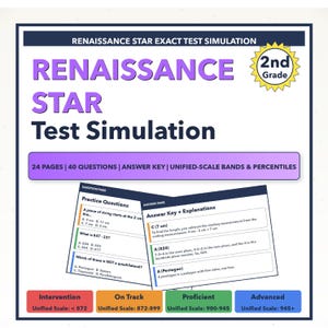May include: A test simulation document for 2nd grade students. The title "RENAISSANCE STAR Test Simulation" is in large purple letters. The document includes practice questions, answer keys, and unified scale bands. The document is 24 pages long.