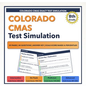 May include: A study guide for the Colorado CMAS test, 8th grade level. The cover features the title "COLORADO CMAS Test Simulation" in orange text. Includes practice questions, answer keys, and scale score bands.