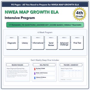 May include: A study guide for 4th grade NWEA MAP GROWTH ELA, featuring a 6-week intensive program. The guide includes reading passages, skill practice, and weekly trackers. The cover displays the text "NWEA MAP GROWTH ELA" and "4th Grade".