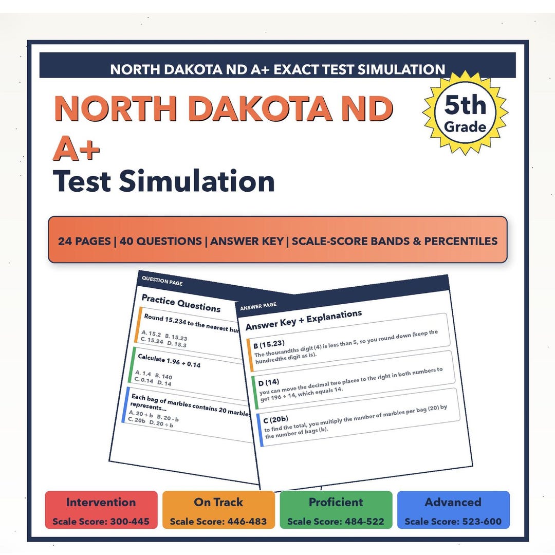 5th Grade North Dakota ND A+ Math Test Simulation | All 4 Levels (300 ...