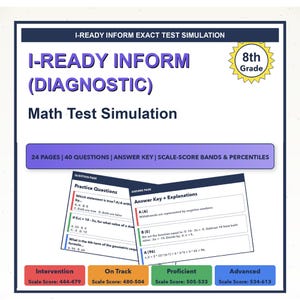 May include: An 8th grade I-Ready Inform Diagnostic math test simulation document featuring 24 pages, 40 questions, an answer key, and scale-score bands. The cover displays text, sample question and answer pages, and color-coded score ranges.