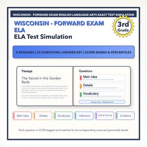 May include: A study guide for the Wisconsin Forward Exam ELA test. The document includes a passage titled "The Secret in the Garden Beds" and questions on Main Idea, Details, and Vocabulary. The guide is for 3rd grade students.