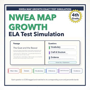 May include: Educational test simulation for 4th grade, featuring the text "NWEA MAP GROWTH ELA Test Simulation." The test includes a passage titled "The Goat and the Beaver" with related vocabulary, craft & structure, and evidence questions.