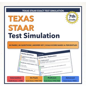 May include: A 7th-grade Texas STAAR test simulation study guide. The cover displays the title in orange and blue, with a yellow starburst graphic. Includes practice questions, answer keys, and scale-score bands.