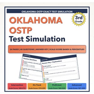 May include: A study guide for the Oklahoma OSTP test. The cover features the text "OKLAHOMA OSTP Test Simulation" with "3rd Grade" and details like "24 pages" and "40 questions." Includes practice questions and answer keys.