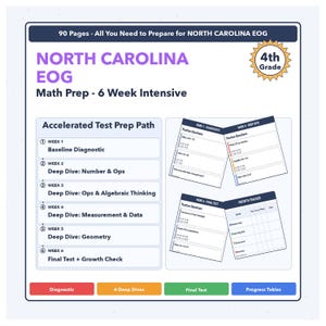 May include: A study guide for 4th grade North Carolina EOG math prep. The guide includes 90 pages and covers topics like number & ops, geometry, and measurement & data. The guide is designed as a 6-week intensive program.