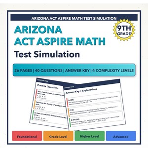 May include: An Arizona ACT Aspire Math Test Simulation for 9th grade students. The document contains 26 pages, 40 questions, an answer key, and 4 complexity levels. It includes sample practice questions and an answer key with detailed explanations.