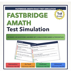 May include: A test simulation for 1st grade, featuring the text "FASTBRIDGE AMATH Test Simulation." The image includes practice questions, an answer key, and scale score bands. The document has 24 pages and 40 questions.