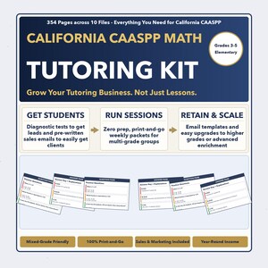 Puede incluir: Un kit de tutoría azul marino y blanco para matemáticas CAASPP de California, grados 3-5. El kit incluye pruebas de diagnóstico, correos electrónicos de ventas, paquetes semanales y plantillas de correo electrónico. El texto dice: "Grow Your Tutoring Business."