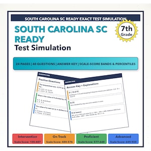 May include: A study guide for 7th grade South Carolina SC READY test simulation. The cover features the title in teal and white, with a yellow starburst graphic. Includes practice questions, answer keys, and scale-score bands.