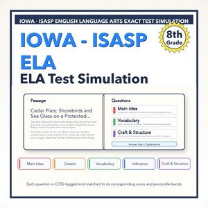 May include: An educational graphic for an 8th-grade ELA test simulation. The blue and white text reads "IOWA - ISASP ELA Test Simulation." It includes a passage about Cedar Flats and questions on Main Idea, Vocabulary, and Craft & Structure.