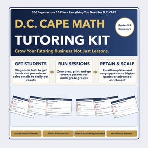 Puede incluir: Gráfico azul y blanco para un kit de tutoría de matemáticas D.C. CAPE. El kit incluye 356 páginas en 10 archivos, con pruebas de diagnóstico, paquetes semanales y plantillas de correo electrónico. Está diseñado para los grados 3-5.