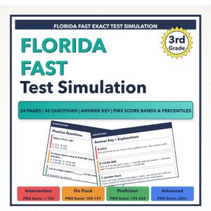 Op de afbeelding: Een testsimulatieboekje voor leerlingen van groep 3. De omslag toont "FLORIDA FAST Test Simulation" in teal. Bevat oefenvragen, antwoordsleutels en scorebanden. Het boekje is 24 pagina's lang en bevat 40 vragen.