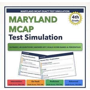 May include: A Maryland MCAP Test Simulation study guide for 4th grade students. The cover features the title in large green letters, with practice questions and answer keys. Includes 24 pages, 40 questions, and scale-score bands.