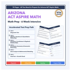 May include: A 78-page Arizona ACT Aspire Math 9th grade prep guide featuring a 6-week intensive accelerated test prep path. The document includes sections for diagnostic tests, algebra, functions, coordinate geometry, data analysis, and a growth tracker.