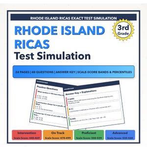 May include: A test simulation for 3rd grade students. The blue and white design features the text "RHODE ISLAND RICAS Test Simulation." Includes practice questions, an answer key, and scale-score bands. The image also includes the text "24 PAGES | 40 QUESTIONS | ANSWER KEY | SCALE-SCORE BANDS & PERCENTILES."
