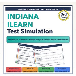 May include: An educational resource for 3rd grade students, the "Indiana ILEARN Test Simulation." The cover displays the title in teal and black, with a gold "3rd Grade" badge. Contains 24 pages, 40 questions, an answer key, and scale-score bands.