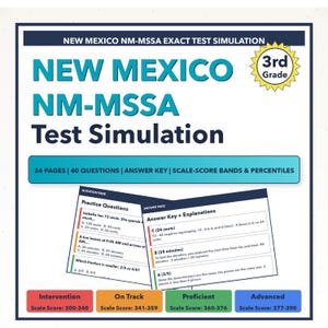 May include: A 3rd grade workbook titled "New Mexico NM-MSSA Test Simulation." The cover is white and blue, with the text "24 PAGES | 40 QUESTIONS | ANSWER KEY | SCALE-SCORE BANDS & PERCENTILES."