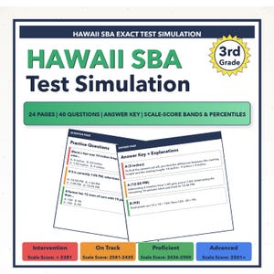 May include: A 3rd grade study guide for the HAWAII SBA Test Simulation. The guide includes practice questions, an answer key, and scale-score bands. The cover is white with green and blue text, and a yellow "3rd Grade" badge.