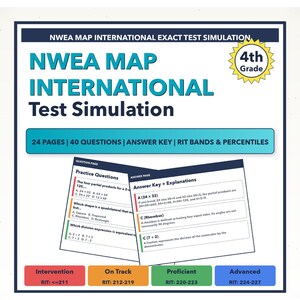 May include: A study guide for the NWEA MAP International Test Simulation, 4th Grade. The blue and white document includes practice questions, an answer key, and RIT bands. The guide is 24 pages long and contains 40 questions.