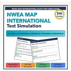 Può includere: Una guida allo studio per la simulazione del test esatto internazionale NWEA MAP, 5a elementare. La copertina presenta il titolo in verde acqua e bianco, con una grafica a stella dorata. Include 24 pagine, 40 domande, chiave di risposta e bande RIT.