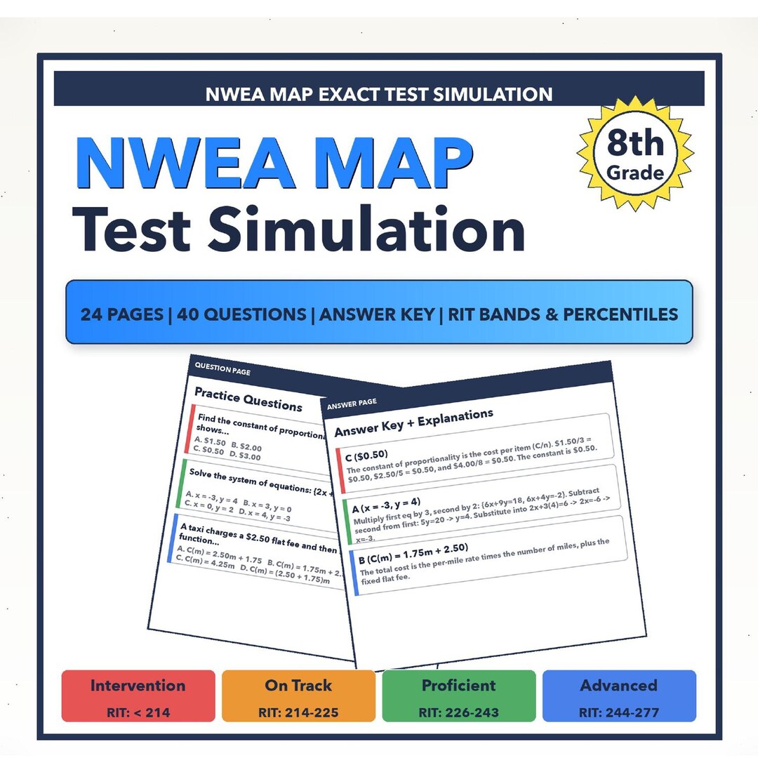 8th Grade NWEA MAP Math Test Simulation | All 4 Levels (RIT 214-277) - Etsy