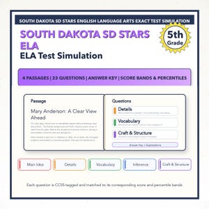 May include: A study guide for the South Dakota SD STARS ELA test, 5th grade level. The guide includes passages, questions, an answer key, and score bands. The title is "ELA Test Simulation".