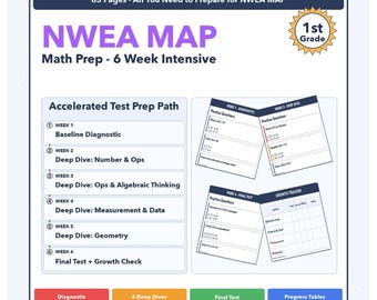Matemáticas NWEA MAP para 1.er grado / Programa de preparación para el examen de 6 semanas / Todos los 4 niveles (RIT 166-207)