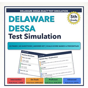 Könnte beinhalten: Ein Lernleitfaden für die Delaware DESSA Exact Test Simulation, für Schüler der 5. Klasse. Das Cover zeigt "DELAWARE DESSA Test Simulation" in Türkis. Enthält 24 Seiten, 40 Fragen, einen Antwortschlüssel und Skalen-Score-Bänder.