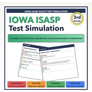 May include: A test simulation for 3rd grade students. The cover features the text "IOWA ISASP Test Simulation" in green and blue. Includes practice questions, answer keys, and scale score bands. The simulation has 24 pages and 40 questions.