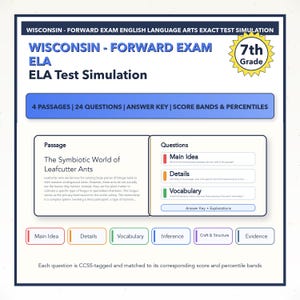 May include: A study guide for the Wisconsin Forward Exam ELA test. The guide includes a passage about leafcutter ants, questions on main idea, details, and vocabulary, and is designed for 7th grade students. The guide is CCSS-tagged.