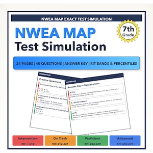 May include: A study guide for 7th grade NWEA MAP test simulation. The blue and white document includes practice questions, answer keys, and RIT bands. The guide has 24 pages and 40 questions. The guide includes the text "NWEA MAP Test Simulation".
