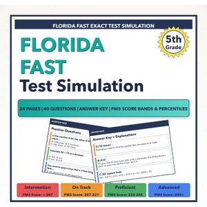 May include: A study guide for 5th grade Florida FAST test simulation. The cover features the text "FLORIDA FAST Test Simulation" in teal and black. Includes 24 pages, 40 questions, an answer key, and PM3 score bands.