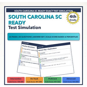 Op de afbeelding: Een studiehulp voor de South Carolina SC Ready test simulatie voor groep 4. Het blauw-witte document bevat oefenvragen, een antwoordsleutel en schaalscorebanden. De gids heeft 24 pagina's en 40 vragen.