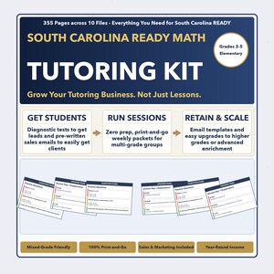 Puede incluir: Un kit de tutoría de matemáticas South Carolina Ready para los grados 3-5. El kit incluye 355 páginas en 10 archivos, pruebas de diagnóstico, correos electrónicos de ventas, paquetes semanales y plantillas de correo electrónico. El kit es apto para grados mixtos, 100% para imprimir y contiene materiales de marketing.