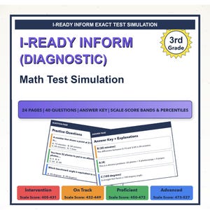 May include: A 24-page I-Ready Inform diagnostic math test simulation for 3rd grade. Includes 40 questions, an answer key with explanations, and scale-score bands. Features a color-coded chart for intervention, on track, proficient, and advanced levels.