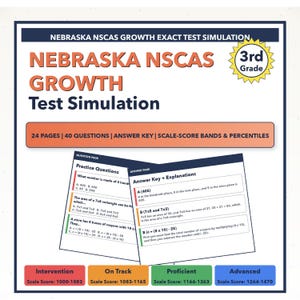 May include: A test simulation for 3rd grade students, featuring the title "Nebraska NSCAS Growth Test Simulation." The design includes practice questions, answer keys, and scale score bands. The color scheme is primarily white, orange, and blue.