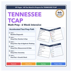Op de afbeelding: Een wit en blauw educatief hulpmiddel voor leerlingen van groep 4 die zich voorbereiden op de Tennessee TCAP wiskundetoets. De omslag toont de tekst "TENNESSEE TCAP" en "Math Prep - 6 Week Intensive". Inclusief oefenvragen.