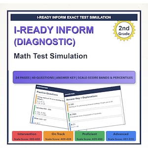 May include: A 2nd Grade I-Ready Inform Diagnostic Math Test Simulation document featuring 24 pages, 40 questions, an answer key, and scale-score bands. It includes sample practice questions and explanations with color-coded score categories.