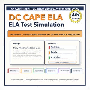 May include: A study guide for 4th grade English Language Arts, featuring the text "DC CAPE ELA ELA Test Simulation." The guide includes passages, questions, an answer key, and score bands. The text includes the title "Mary Anderson's Clear View."