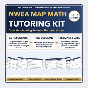 Puede incluir: Un kit de tutoría azul y blanco para matemáticas NWEA MAP, para los grados 6-9. El kit incluye 466 páginas en 12 archivos, con pruebas de diagnóstico, correos electrónicos de venta, paquetes para imprimir y plantillas de correo electrónico. El kit es apto para grados mixtos.