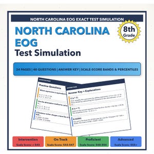 May include: A study guide for the North Carolina EOG test, 8th grade level. The cover features the title and a breakdown of the study guide's contents: 24 pages, 40 questions, answer key, and scale-score bands. Includes practice questions and answer key explanations.