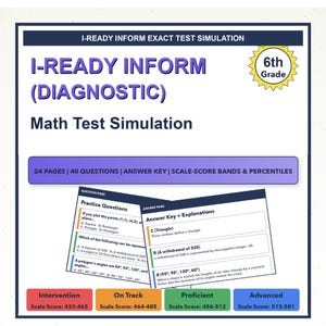 May include: A 6th grade I-Ready Inform Diagnostic math test simulation document. It includes 24 pages, 40 questions, an answer key, and scale-score bands. The document features sample question and answer pages with color-coded score categories.