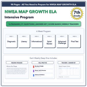 May include: A study guide for 7th grade NWEA MAP GROWTH ELA, featuring a 6-week intensive program. The guide includes 98 pages with passages, questions, answer keys, and weekly trackers. The program covers diagnostic, literary, informational, and advanced challenge topics.