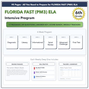 May include: A study guide for 6th grade students preparing for the Florida FAST (PM3) ELA exam. The guide includes 95 pages, 17 passages, 89 questions, an answer key, score bands, and weekly trackers. It is a 6-week intensive program.