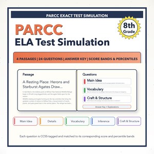 May include: A test simulation for 8th grade ELA, featuring the title "PARCC ELA Test Simulation." The image includes sections for passages, questions, and answer keys. The text includes "Main Idea," "Vocabulary," and "Craft & Structure."