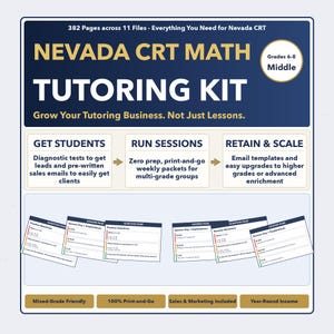 Puede incluir: Gráfico azul y blanco para un kit de tutoría de matemáticas Nevada CRT. El kit incluye pruebas de diagnóstico, paquetes semanales y plantillas de correo electrónico. El kit está diseñado para los grados 6-8 e incluye el texto "Haz crecer tu negocio de tutoría."