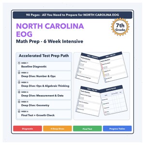 May include: A study guide for 7th grade North Carolina EOG math prep. The guide includes a 6-week intensive program with practice questions, deep dives, and a growth tracker. The cover features the text "90 Pages - All You Need to Prepare for NORTH CAROLINA EOG".
