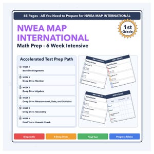 May include: A study guide for 1st grade math, titled "NWEA MAP INTERNATIONAL Math Prep - 6 Week Intensive." The guide includes practice questions, a growth tracker, and covers topics like algebra and geometry. The cover is white with blue and purple text.