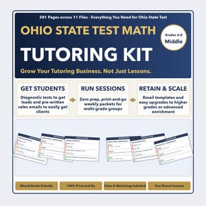 Puede incluir: Un kit de tutoría azul y blanco para el examen de matemáticas del estado de Ohio, grados 6-8. El kit incluye pruebas de diagnóstico, correos electrónicos de ventas, paquetes semanales y plantillas de correo electrónico. El texto de la imagen dice: "Haz crecer tu negocio de tutoría."